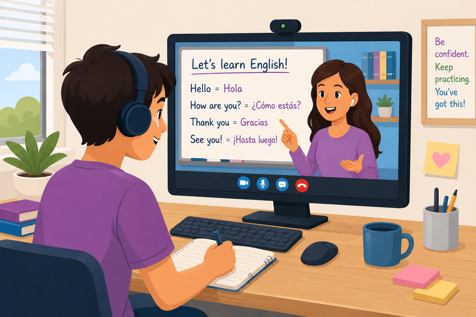 Student taking a personalized online English class with a teacher